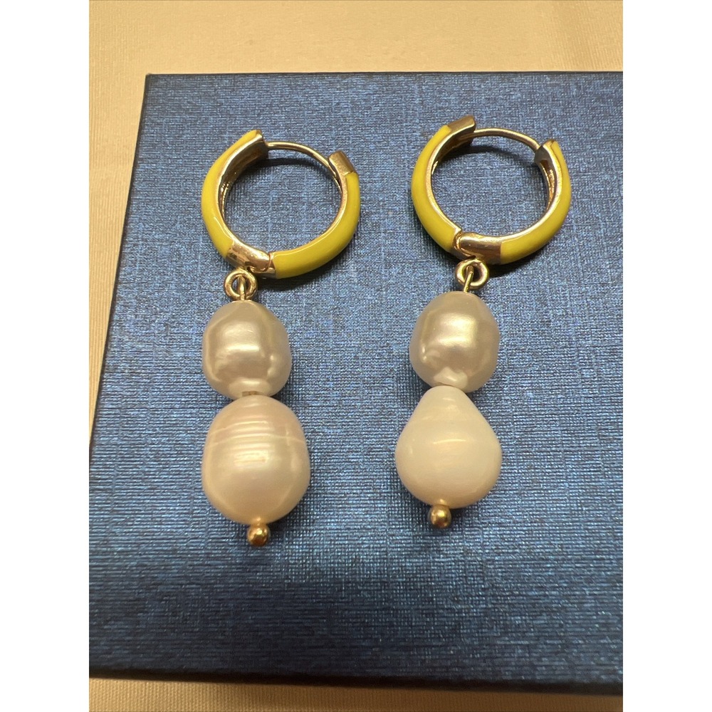 Hot Yellow Enamel Freshwater Pearl Huggies Hoop Earrings Hinged Lobe